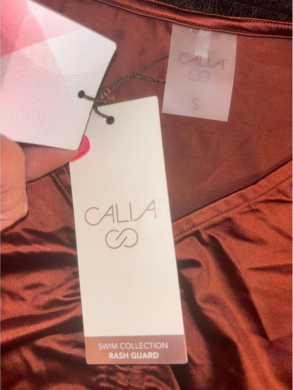 Calia Ruched Rashguard Top Womens Small Red Brown Shine UPF 50+ NWT - Picture 5 of 5